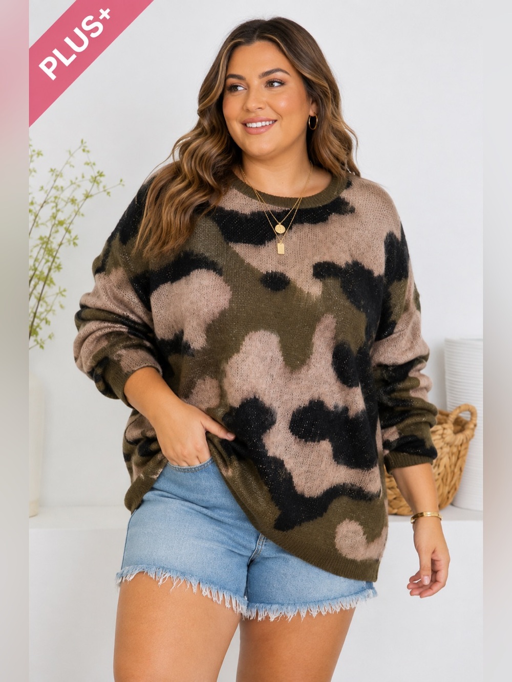 Plus Size Olive Green Camo Knit Sweater Relaxed Fit - 749
